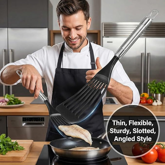KSENDALO Fish Spatula for Nonstick Pans 2-Pack - Thin Turner for Eggs & Fish | LFGB Nylon, 10,000+ Reviews | Dishwasher Safe