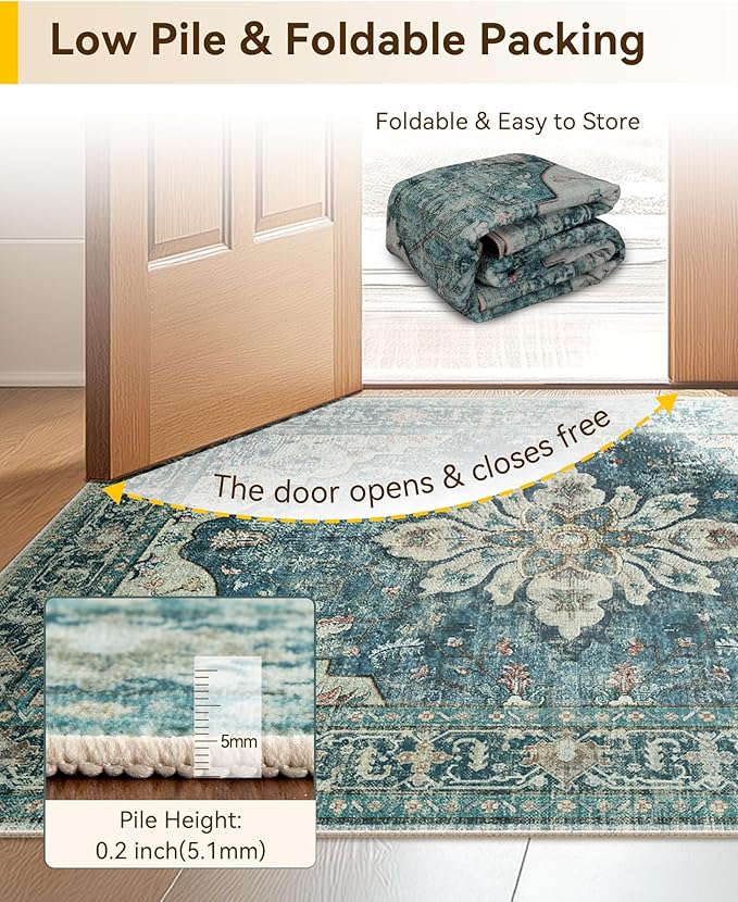 Area Rugs 3'x12' Runner Rug Non Slip Washable for Kitchen Hallway Bedroom Beside Laundry Room Bathroom Rug, Floor Carpet, Dark Blue Vintage