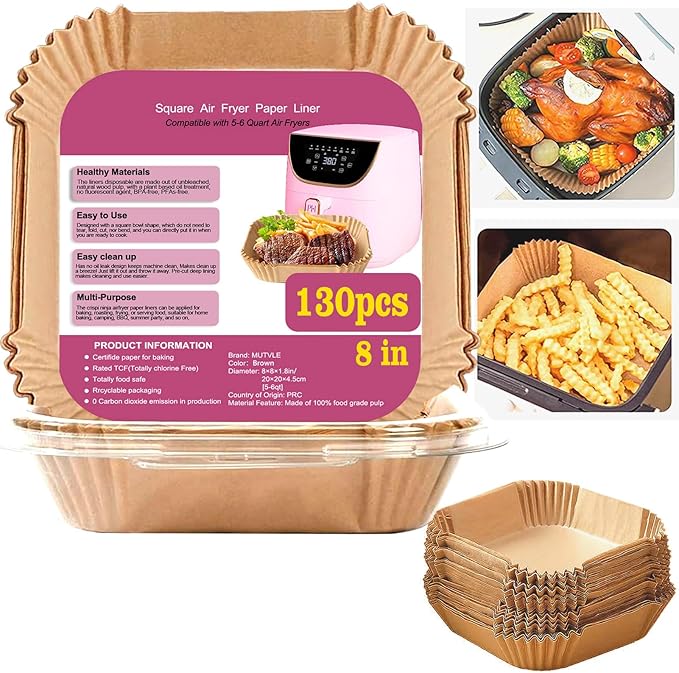 Air Fryer Liners for Pink Air Fryer, Paper Liners Disposable for Paris Hilton air fryer, White Air Fryer, Beelicious Air Fryer, 8 Inch 130PCs Square Food Grade Parchment Paper