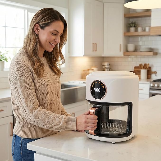 GYMODE 4.7QT Glass Air Fryer, 360° Viewable Glass Air Fryer Non Toxic, 6-IN-1 Preset Cook Modes, Digital Display, Adjustable Temp 100F - 400F, Nonstick, Dishwasher Safe, White