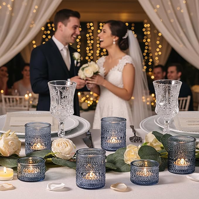 Blue Glass Votive Candle Holders Set of 24, Assorted Heights Polka Dot Tealight Candle Holders for Table Centerpiece, Blue Candle Holder Decor for Wedding, Baby Shower Party & Spa
