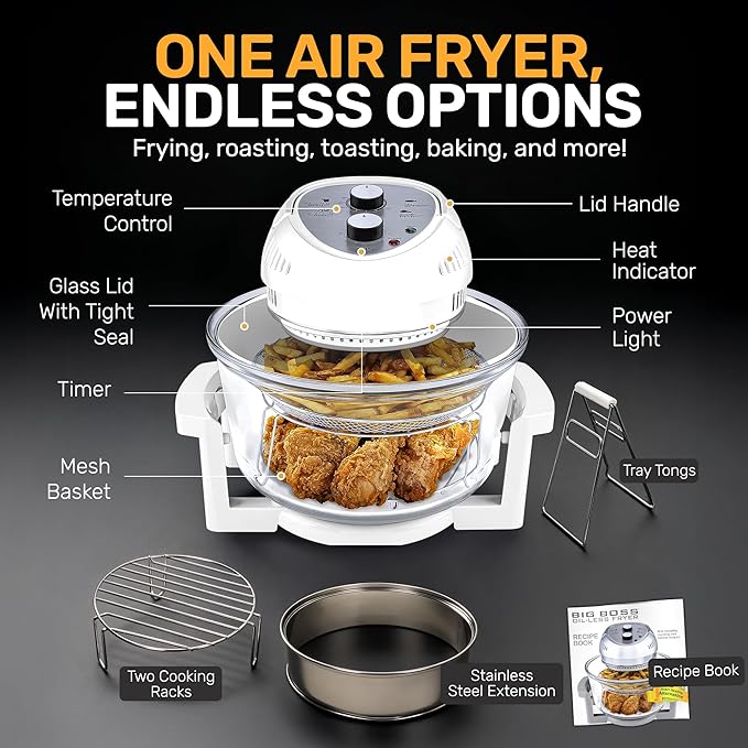 Big Boss 16Qt Large Glass Air Fryer Non Toxic – Family Sized Large Halogen Oven Cooker with 3 Cooking Sections, Stainless Steel Racks, French Fries, Chicken, No Preheat, Self Cleaning, Dishwasher Safe