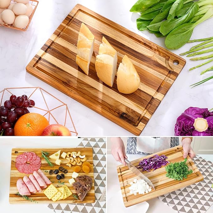 BEEFURNI Small Teak Cutting Board with Juice Groove and Hanging Hole (14x10x0.6"), Durable Wooden Cutting Boards for Kitchen, Chopping & Serving Board, Non Toxic, Christmas Gift for Her