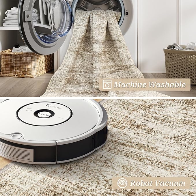 2x5 Rug Runner Washable for Entryway, Soft Bathroom Rugs with Non-Slip Backing, Abstract Low Pile Hallway Runner, Vintage Small Kitchen Carpet for Stair, Laundry Room(2'x5', Brown/Ivory)