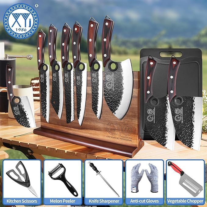 XYJ Knife Block Set, Professional Kitchen Knife Set with Magnetic Knife Block, Cutting Board, Honing Steel, High-Carbon Steel forged Blades, Chef's Knife, Cleaver, Carving Knife, Full Tang Design
