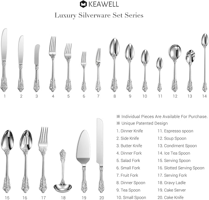 KEAWELL Gorgeous Dinner Knife, Set of 4, 18/10 Stainless Steel, Mirror Polished, Luxury Dinner Knife Set. (Silver)