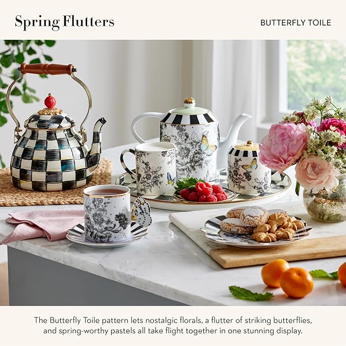 MACKENZIE-CHILDS Farmhouse Salt and Pepper Shaker Set, Ceramic Salt and Pepper Holders, Butterfly Toile