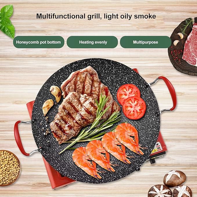 Korean BBQ Grill Pan, 13.3 Inch Nonstick Round Griddle Plate with Heat Resistant Handle for Indoor Outdoor Gas Stove Grilling Cooking