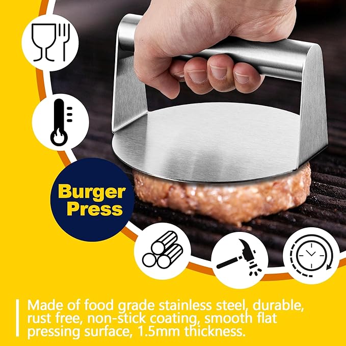 HaSteeL 12In Cheese Melting Dome & 5.5In Bacon Press, Stainless Steel Round Basting Cover, Smash Metal Burger Griddle Grill Press Weight for Teppanyaki Flat Top Iron Skillet Cooking, Dishwasher Safe