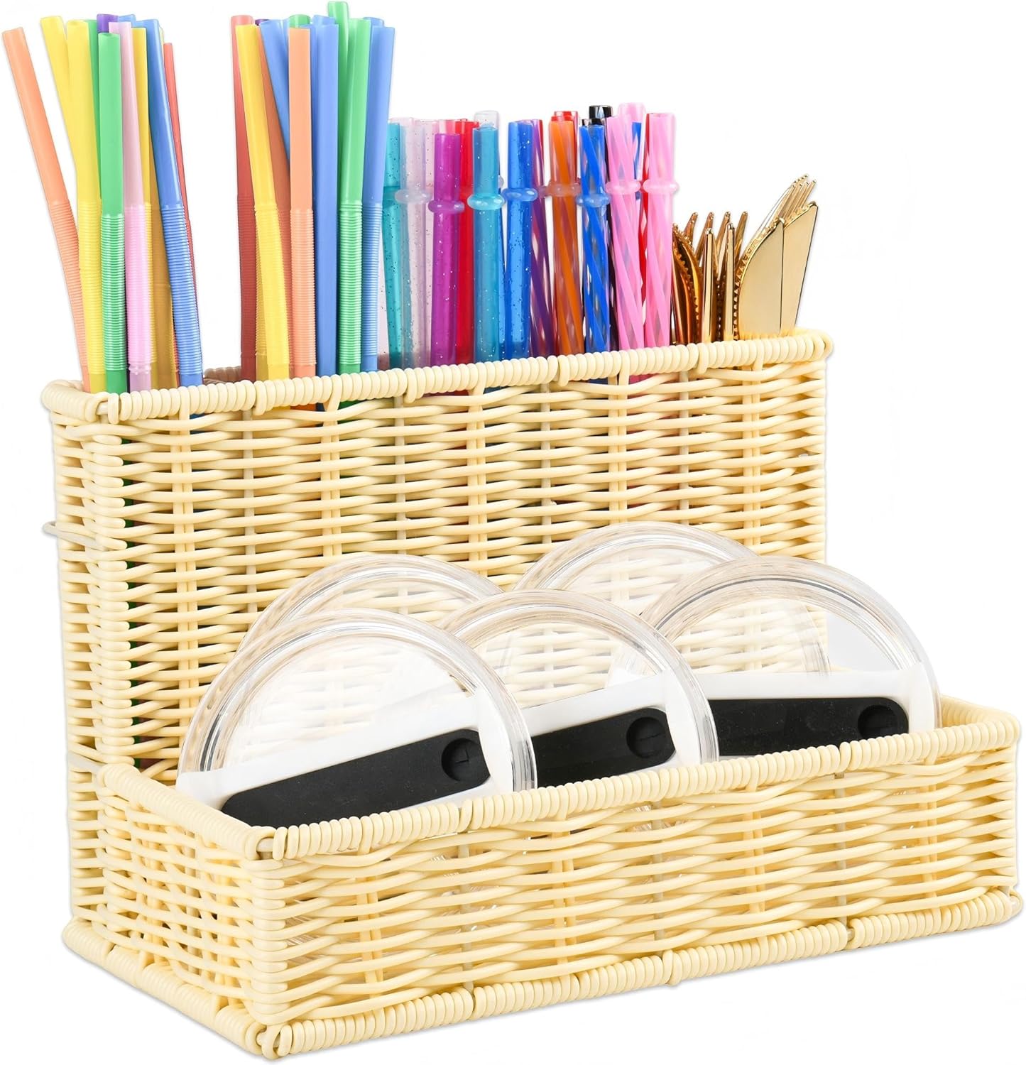 9.8" Poly Wicker Straw Holder for Cabinet Door with Strong Adhesive Hooks,Woven Straws Holder Dispenser for Tumbler Lid,Reusable Straws,Kitchen Accessories for Countertop (Nature)