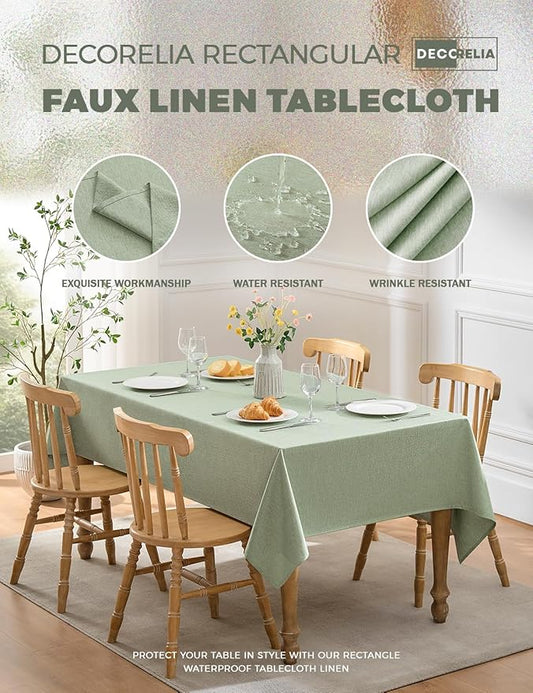 Faux Linen Extra Long Rust Table Cloth Cover for Dining Rectangle Table, Decorative Farmhouse Waterproof Tablecloth for Party,Wedding& Camping(Oblong,60 x 120 Inch (10-12 Seats), Sage Green)