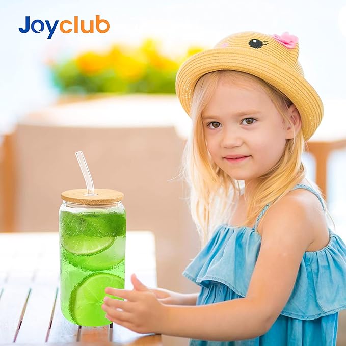 Joyclub 12 Set Glass Cups with Bamboo Lids and Glass Straws 16oz Can Shaped Reusable Clear Iced Coffee Glasses Bulk Set Drinking Jars wholesale for Party Weddings Cafes Boba Shops Gifts DIY