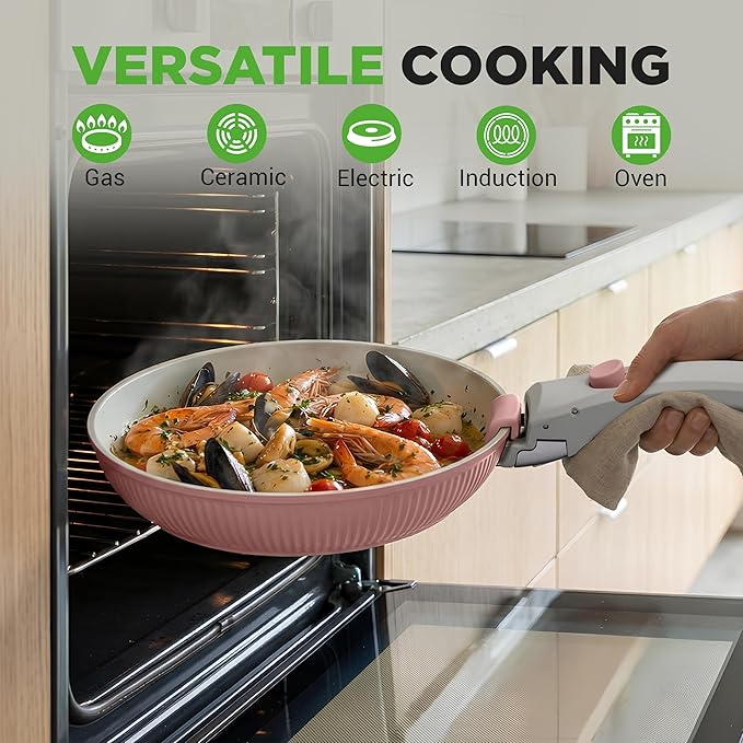 NutriChef 18-Piece Ceramic Cookware Set with Detachable Handles, Non Stick Pots and Pans, PTFE-Free Natural Ceramic Coating, Space-Saving Design, Oven & Stove Safe, Includes Utensils, Cream