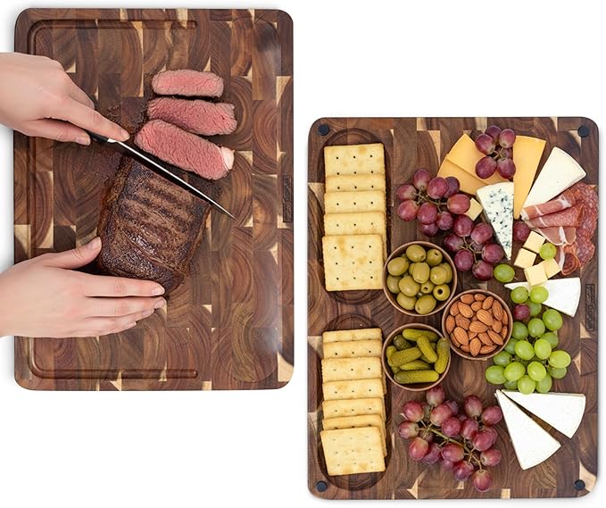 WoodSentials Evergreen End Grain Cutting Board for Kitchen - Large Heavy Duty 16x12.4x1.5" Acacia Wood Butcher Block with Feet - Reversible Charcuterie Meat & Cheese Board - Chef Quality Gift in Box