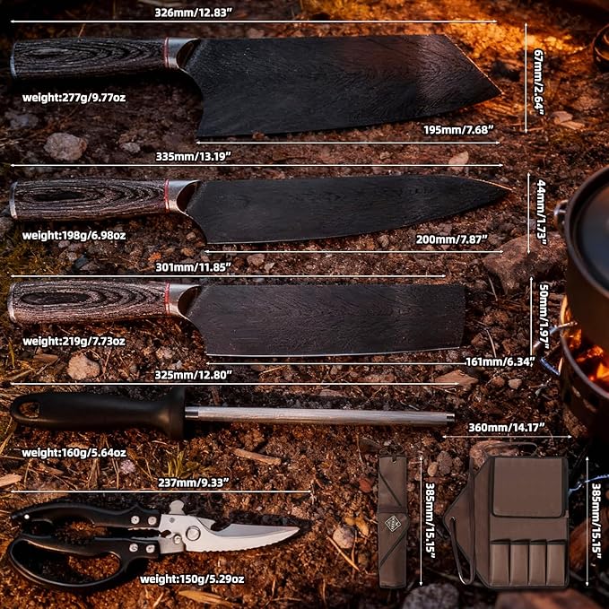 KOFERY Hand Forged Damascus Chef Knife Set with Roll Bag and Sharpener - Ideal for Culinary, Camping and BBQ(Iron-Grey Handle)