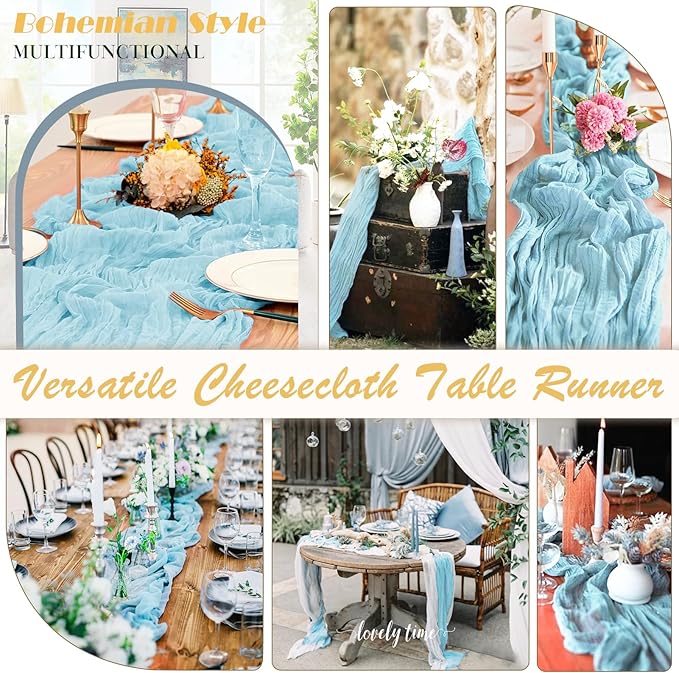 Baby Blue Cheesecloth Table Runner 1 Pack 35" Boho Gauze Runner 120 inches Long Rustic Sheer Fabric Bulk for Baby Shower Wedding Bridal Birthday Party Table Decorations