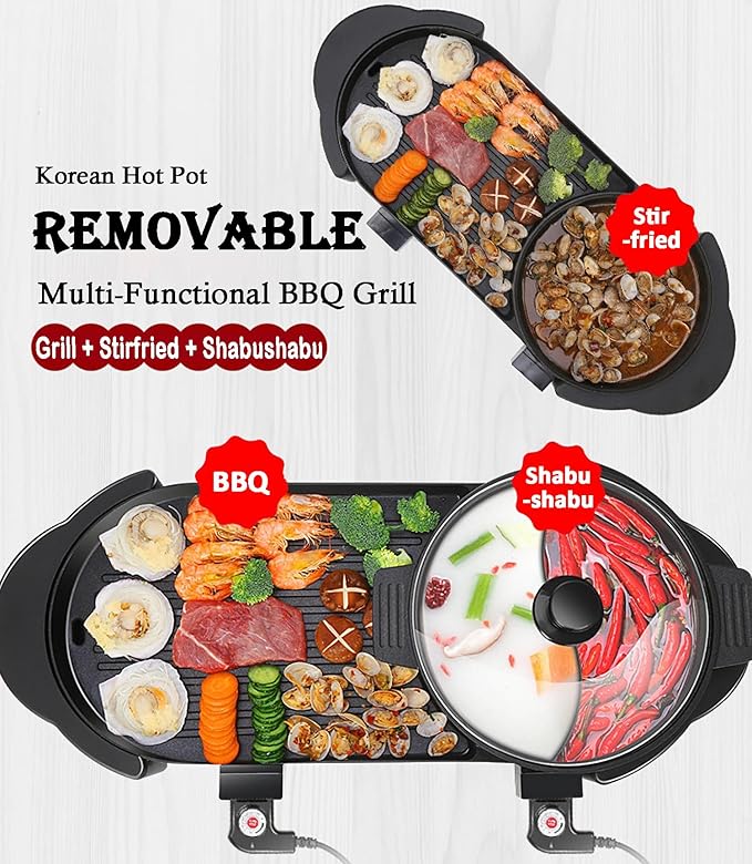 Hot Pot with Grill, Electric Hot Pot 2 in 1 Shabu Shabu Hot Pot Korean BBQ Grill, Removable Hotpot Pot 1200W / Large Capacity Baking Tray, Separate Temperature Control, Electric Grill for 2-12 People