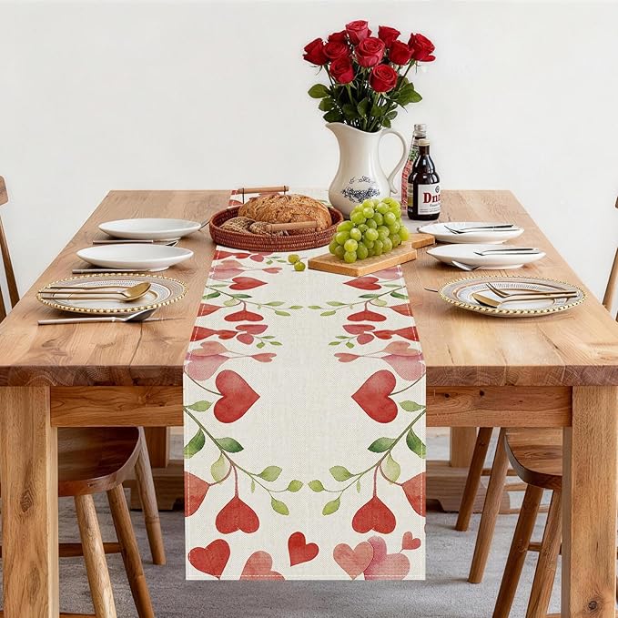 Valentines Day Table Runner 13x120 Inch, Floral Love Hearts Valentine Table Runner, Anniversary Home Kitchen Dining Table Holiday Party Decorations