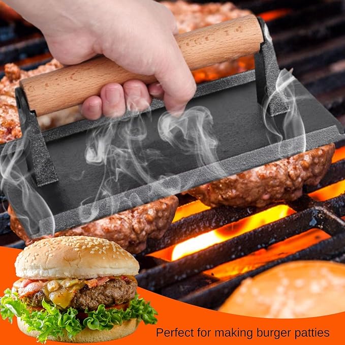 onlyfire Cast Iron Meat Press Grill Press with Wooden Handle, Great for Squeezing Fat from Meats, Flattening Bacon, Paninis, and Burgers