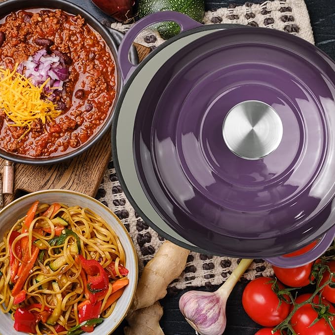 4.5 Quart Dutch Oven Enameled Cast Iron with Lid - Big Dual Handles - Oven Safe up to 500°F - Classic Round Pot for Versatile Cooking Purple