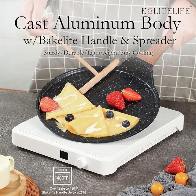 ESLITE LIFE 9.5 Inch Crepe Pan with Spreader, Nonstick Granite Coating Dosa Pan, Roti Tawa Comal Para Tortillas Pancake Griddle Pan, Induction Compatible, PTFE & PFOA Free, Black