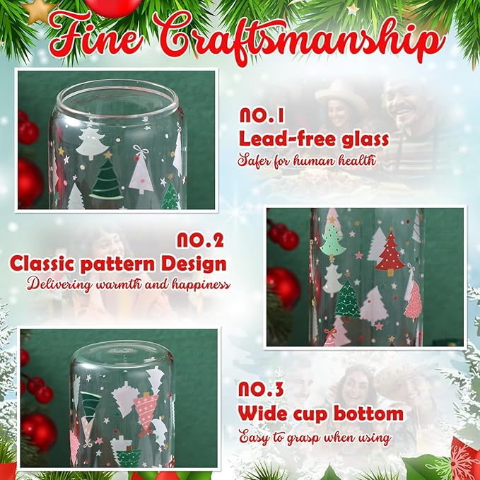 Sliner 2 Pcs Christmas Tree Glass Cups Xmas Winter Tumbler with Lid Straw Drinking Glasses 16 oz Iced Coffee Cup with Cleaning Brush Beer Can Tumbler Cute Holiday Gifts for Home Office Decorations