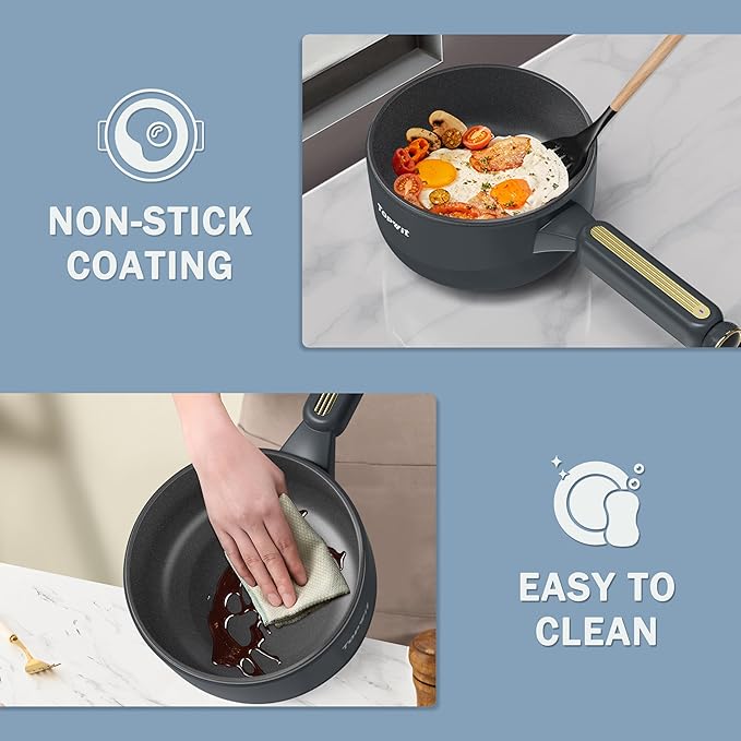 TOPWIT Hot Pot Electric, 2L Electric Pot, Non-Stick Sauté Pan, Portable Cooker for Steak, Egg, Fried Rice, Ramen, Soup with Dual Power Control (Spatula Not Included), Grey