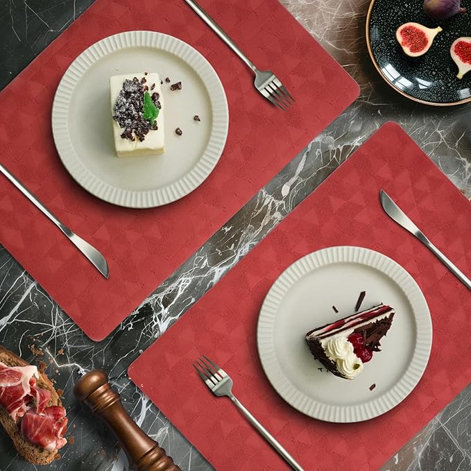 Jovono Faux Leather Placemats Set of 6, 17.8"x11.8", Waterproof & Oil-Proof Table Mats, Easy-Clean Washable Kitchen Place Mats for Dining Table, Fabric Texture, Red Mat