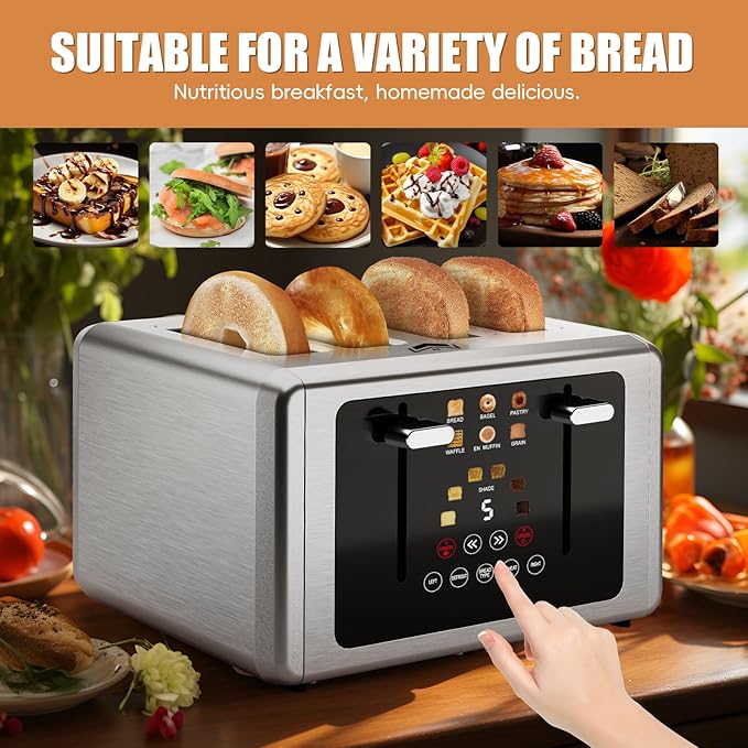 WUNLY Touch screen Toaster 4 slice,Stainless Steel Digital Timer Toasters with Sound/Screen-Off Function,6 Bread Types & Shade Settings,Smart 1.5 Wide Slots Toaster with Bagel,Defrost,Stainless Steel