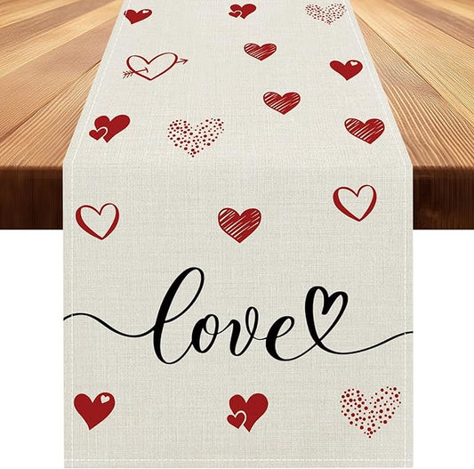 Valentines Day Table Runner 13x36 Inch, Love Hearts Valentine Table Runner, Anniversary Home Kitchen Dining Table Holiday Party Decorations