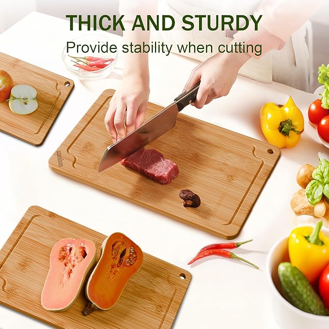 Azaeahom Bamboo Cutting Boards for kitchen, Wood Cutting Board with Juice Grooves & Built-in Handles, Large Medium Small Chopping Board for Meat, Vegetables
