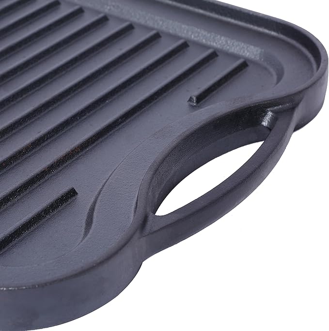 LuckyNote Pre-Seasoned Cast Iron Reversible Rectangular Grill/Griddle, Black,20inch x 10inch reversible design, offering a grilling surface on one side and a griddle on the other