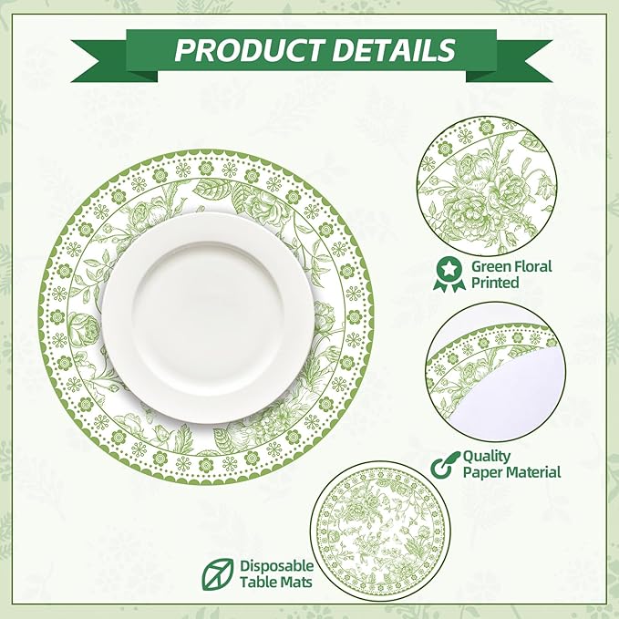 50 Pcs 14 Inch Green Floral Paper Place Mats Chinoiserie Round Placemats Flower Disposable Decorative Table Mats for Dinner Table Setting Banquet Party Supplies