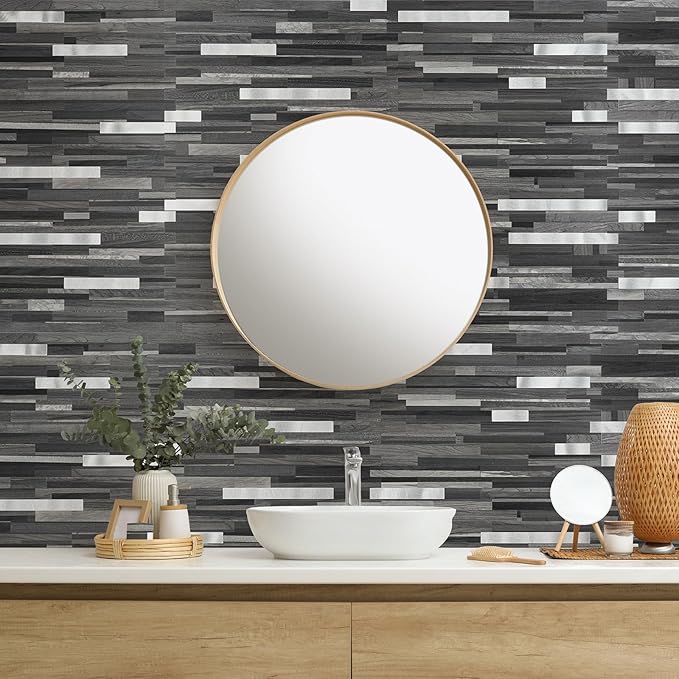 20 Sheets Peel and Stick Tile Backsplash, Black with Metal Gold Look Stick on Tile Upgrade Your Kitchen Backsplash, RV, Fireplace