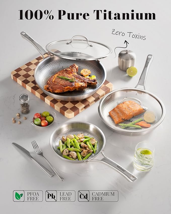 Titanium Pans set, 8+10+12Inch Pure Titanium Hammered Pro with Two Lids, Non Stick Skillet for Cooking, Non-Toxic, PFAS/PFOA/PTFE Free Cookware, Dishwasher&Oven Safe, Kitchen Induction Compatible