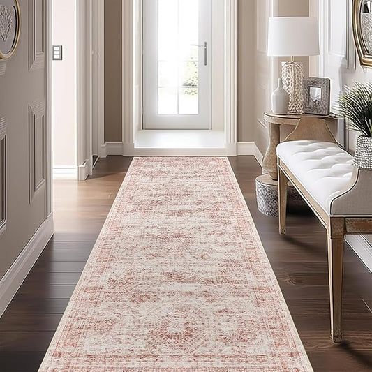 Washable Runner Rugs for Bedroom - 2x6 Runner Rug Non Slip, Ultra-Thin Entryway Runner, Soft Abstract Kitchen Runner for Hallway, Laundry, Bathroom, Indoor Door Mat(2'x6', Pink/Ivory)