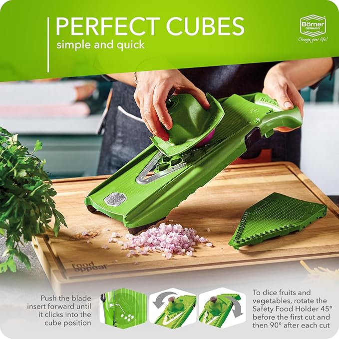 Mandoline Food Slicer Börner V5 (Profi Set) by Reston Lloyd • V-Slicer with 4 Inserts, Docking Station & Food Holder • Made in Germany • Fruit & Vegetable Chopper • Multiple Settings • Color: Lime