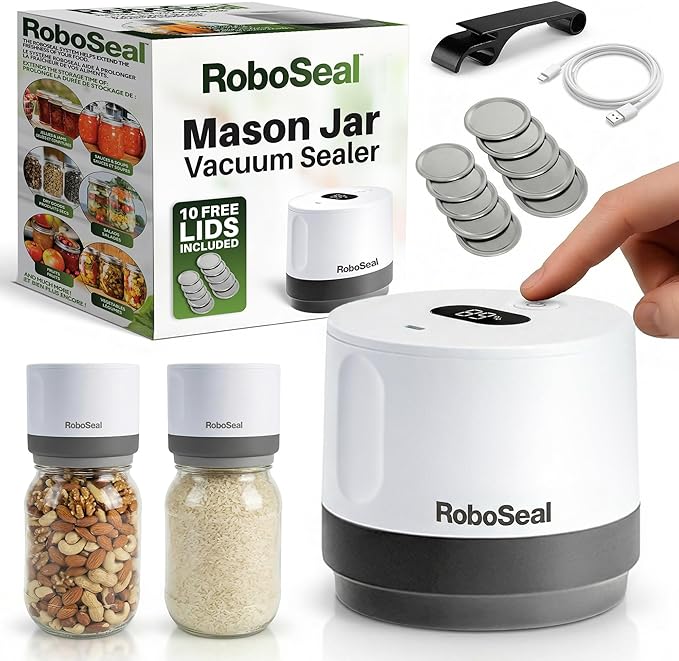 RoboSeal Electric Mason Jar Vacuum Sealer Kit with 10 Lids, Works on Wide & Regular Mouth for Canning Food, Auto Stop One Touch Operation, Digital Battery Indicator, Jar Opener Included