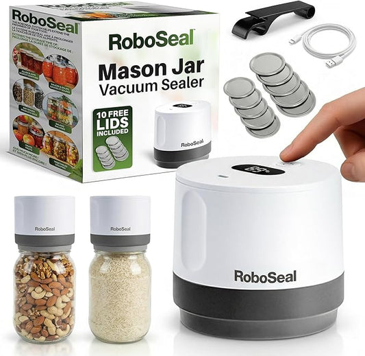 RoboSeal Electric Mason Jar Vacuum Sealer Kit with 10 Lids, Works on Wide & Regular Mouth for Canning Food, Auto Stop One Touch Operation, Digital Battery Indicator, Jar Opener Included