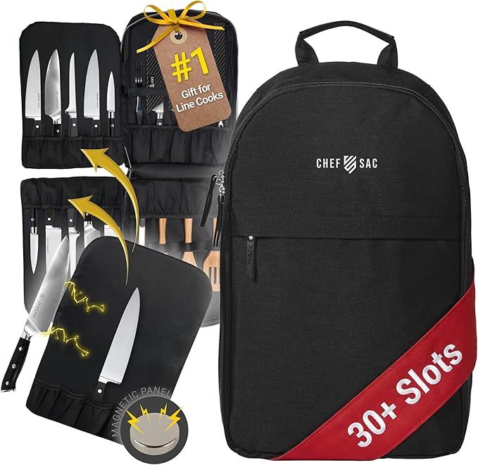 Magnet Chef Knife Backpack | 20+ Pockets for Knives & Tools | Large Pocket for Tablet & Notebooks | Knife Backpack for Chefs (Black)