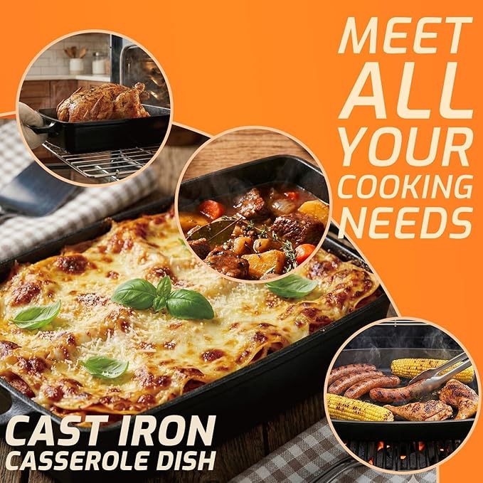 IPROUDER 2-in-1 Pre-Seasoned Cast Iron Casserole Dish with Skillet Lid, Cast Iron Dutch Oven, Rectangular Baking Pan, Baking Dish for Lasagna, Sourdough Bread,13"x9"