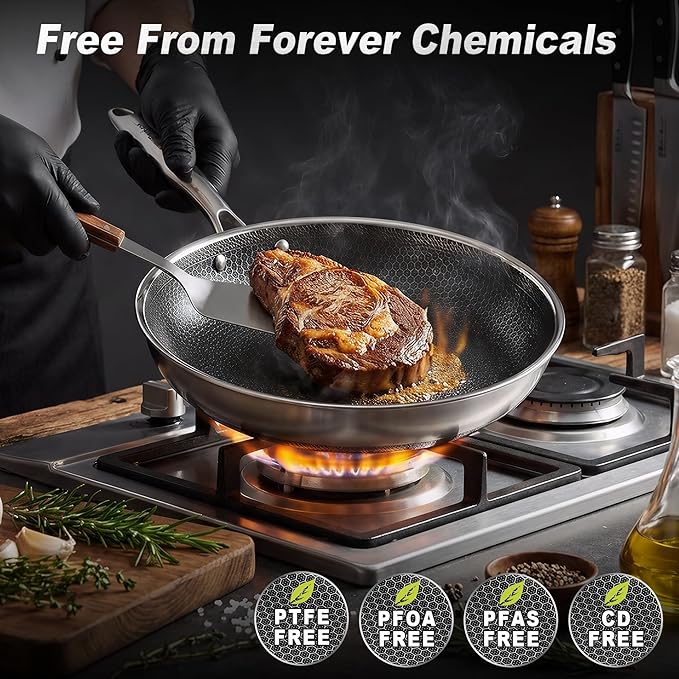 KC-Emier 10 Inch Non-Stick Frying Pan with Lid Tri-Ply Stainless Steel Pan with Stay-Cool Handle Oven & Dishwasher Safe For Induction, Ceramic & Gas Stovetops