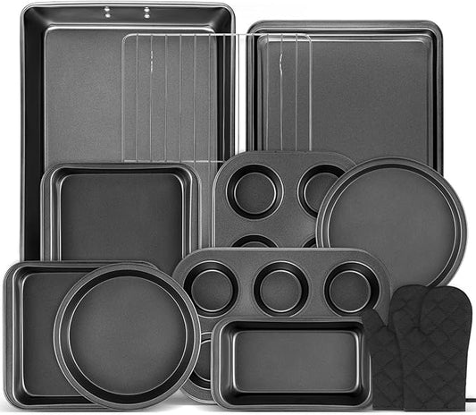 Gymdin 12PCS Nonstick Bakeware Set, Non-Toxic Carbon Steel Baking Pans Set with Wider Grip, Includes Roasting Pan, Cookie Sheet, Cake Pans, Muffin Pans, Cooling Rack, Oven Mitts, Easy Release