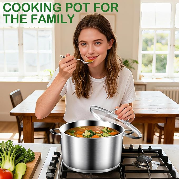 STOCKPOT Cooking Pot, Stainless Steel Stock Pot, Soup Pot with Glass Lid, Induction Pots - 6 Quart