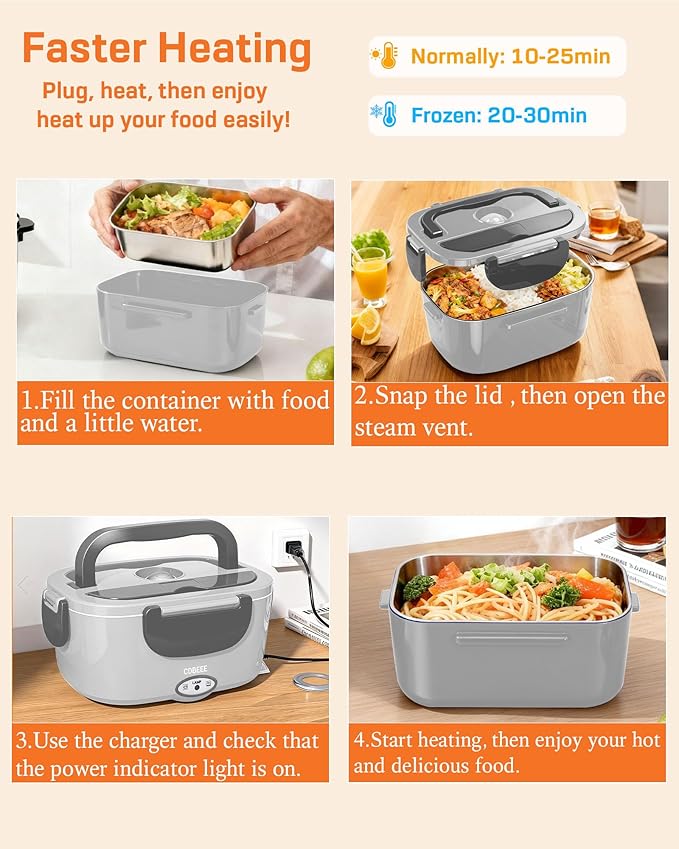 Electric Lunch Box Food Heater - 80W Fast Heating, 1.5L Heated Lunch Box Leak-Proof 304 Stainless Steel Portable Food Warmer, (12V/24V Car/Truck & 110V Home), Ideal for Work/Travel（White-grey）