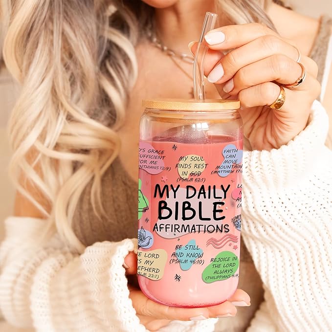 16 Oz Bible Verse Coffee Mug for Women Daily Bible Affirmations Glass Cup with Lid & Straw Women of the Bible Drink Cup Inspirational Mother’s Day Religious Christian Gifts for Mom Aunt Nana