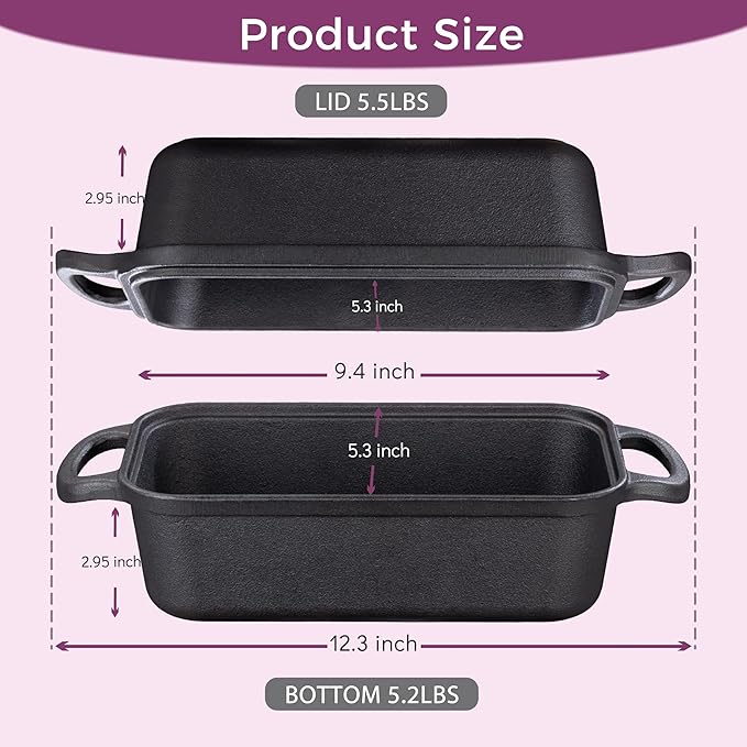 Vanderlume Cast Iron Loaf Pan with Lid 9x5 Inch, 2 in 1 Loaf Pans for Baking Bread, Even Heat Distribution for Sourdough, Homemade Bread