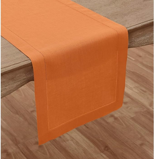 Solino Home Linen Pumpkin Table Runner 144 Inches Long - 100% Pure Linen Extra Long Table Runner 14 x 144 Inch - Classic Hemstitch