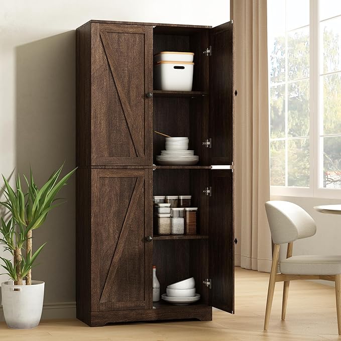 Kitchen Pantry Cabinet, 72” Tall Farmhouse Storage Cabinet with 4 Barn Doors and Adjustable Shelves, Pantry Storage for Kitchen, Living Room, Brown