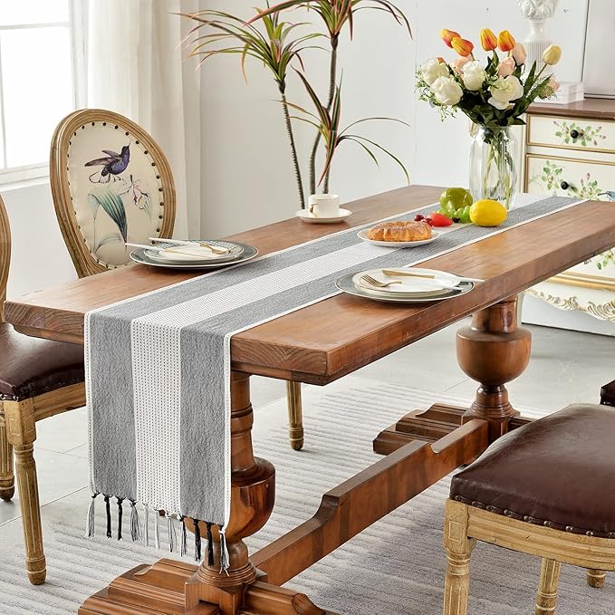 Wracra Linen Table Runner, Farmhouse Macrame Table Runners 36 Inches Long for Dining Table Decor, Wedding, Party and Dresser Decor (Black,36")